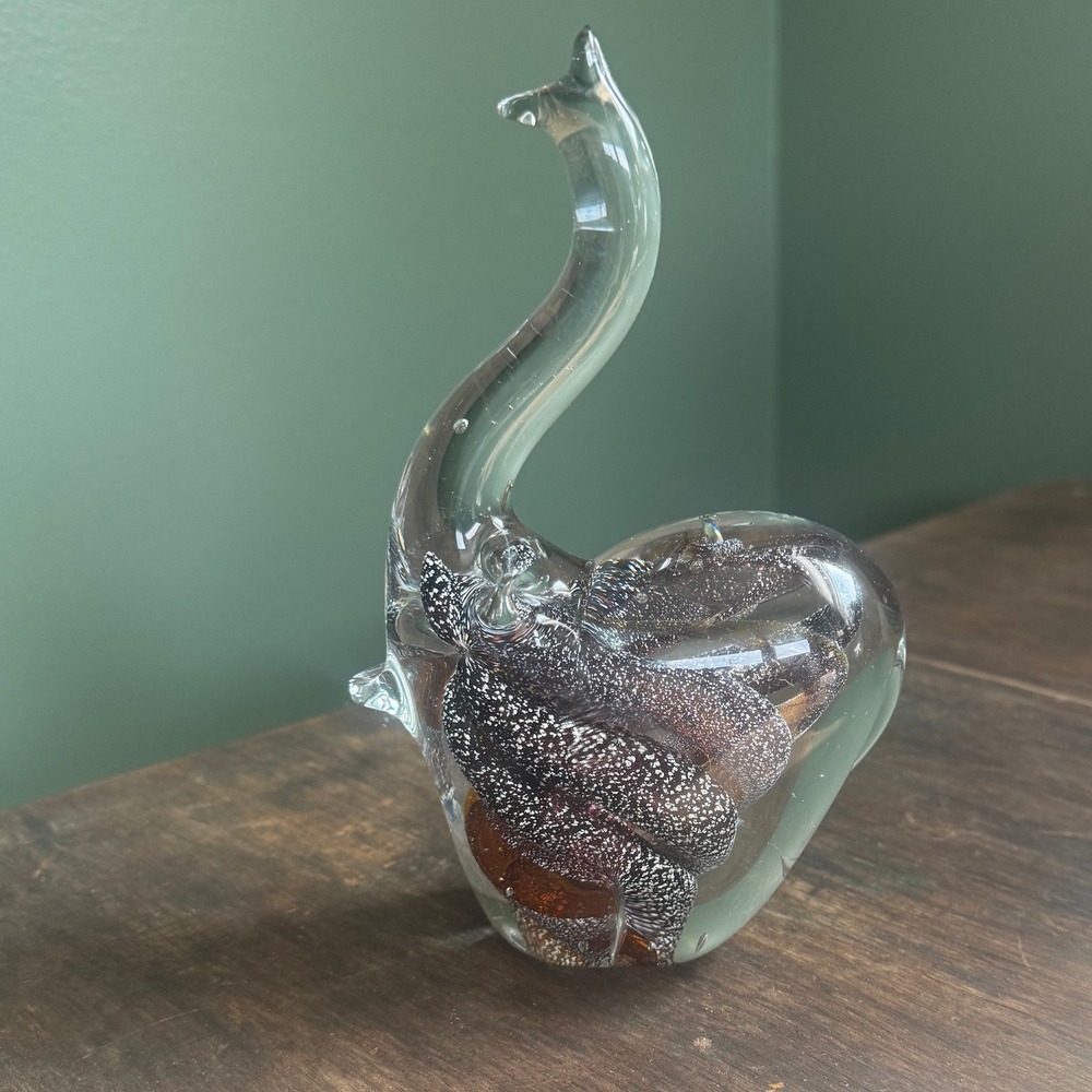 Art‎ Glass Elephant Figurine Silver Glitter Amber Murano Style Trunk Up